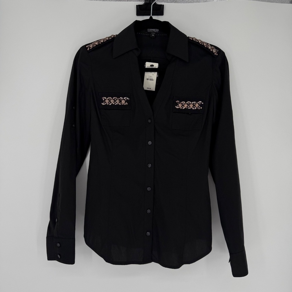 Express Womens‎ Shirt XS Portofino Black Rhinestone Button Up V Neck Classic